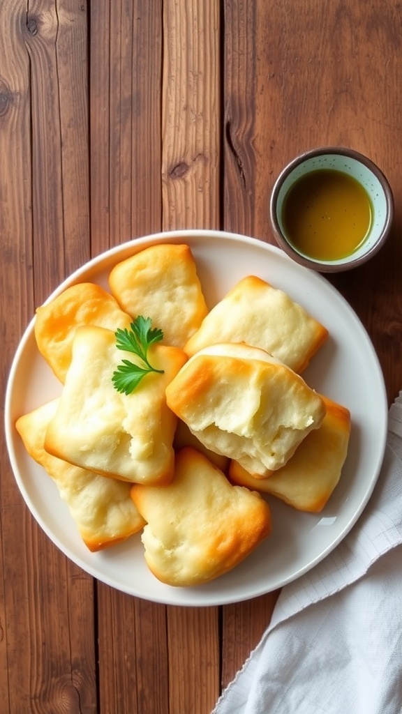 Fluffy no egg cloud bread pieces on a plate, golden brown, with olive oil and herbs on the side.